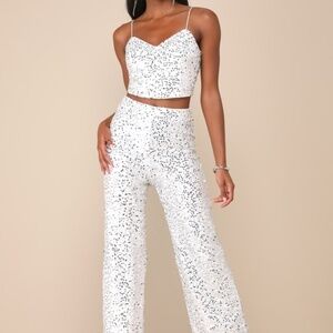 Lulus Sparkling Image White Sequin Two-piece Bridal Jumpsuit - Size XL